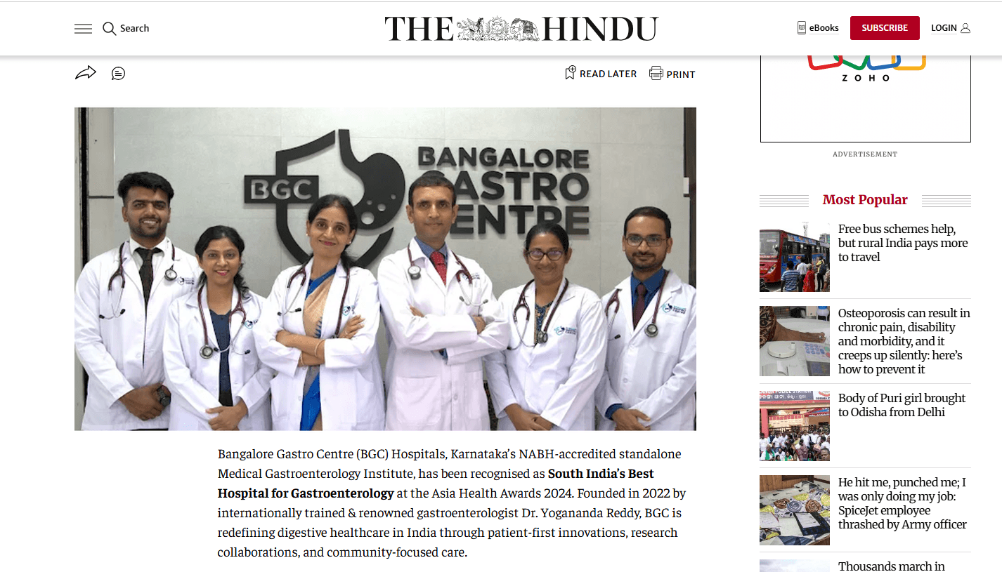 The Hindu (Article on Bangalore Gastro Centre Hospitals)...