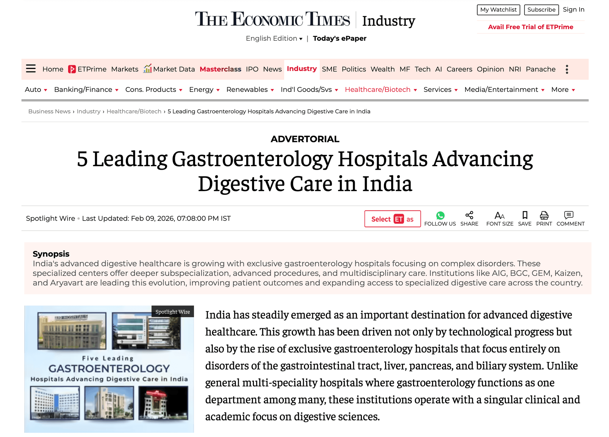 Bangalore Gastro Centre Hospital Featured Among Leading Gastroenterology...